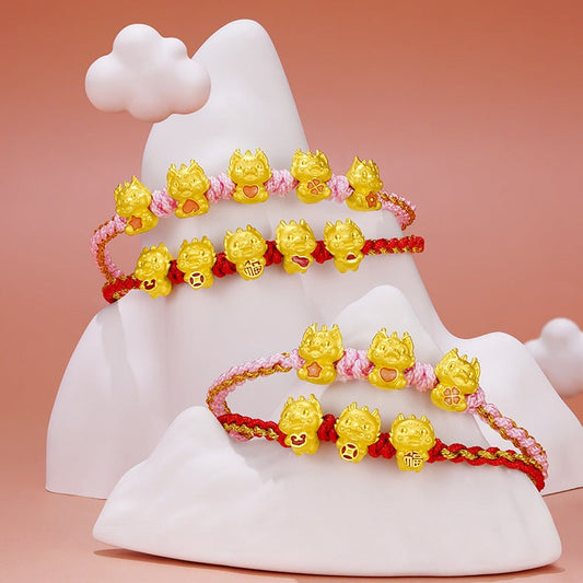 24K Gold Wufu Lucky Dragon Charms Bracelet