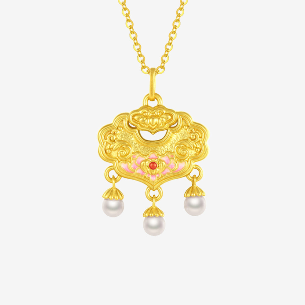 24K Gold Pearl Peony Ruyi Lock Necklace Pendant