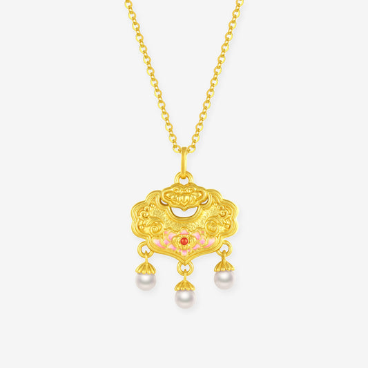 24K Gold Pearl Peony Ruyi Lock Necklace Pendant