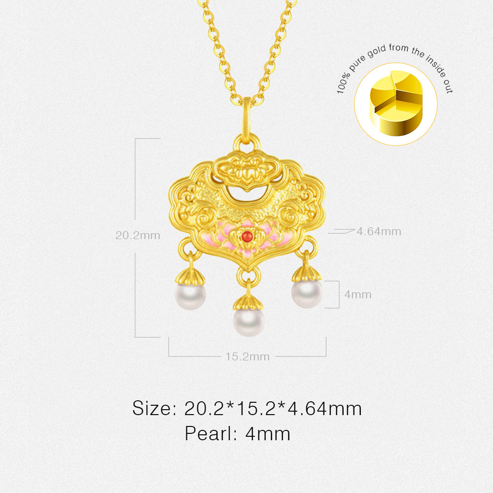 24K Gold Pearl Peony Ruyi Lock Necklace Pendant