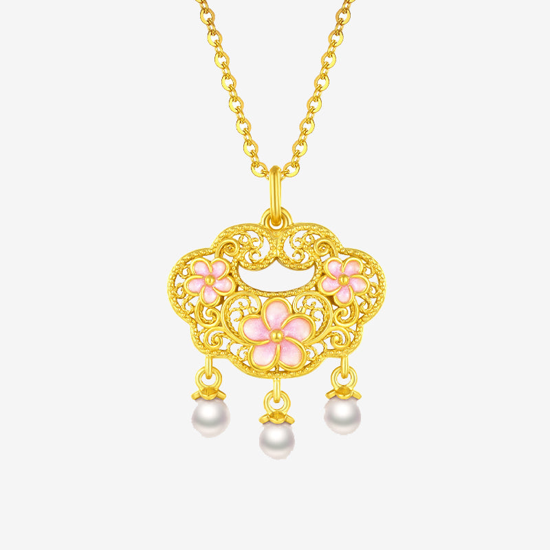 24K Gold Pearl Peach Blossom Ruyi Lock Pendant