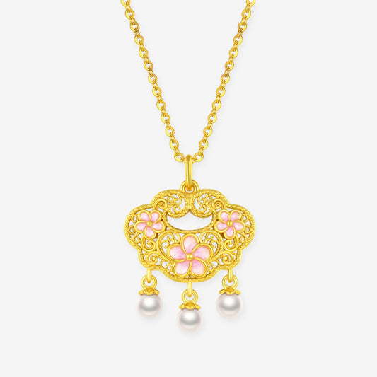 24K Gold Pearl Peach Blossom Ruyi Lock Pendant