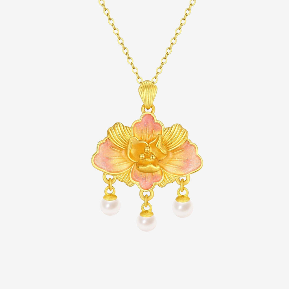 Twelve Gods of Flowers Series 24K Gold Pearl Peony Flower Lock Necklace Pendant