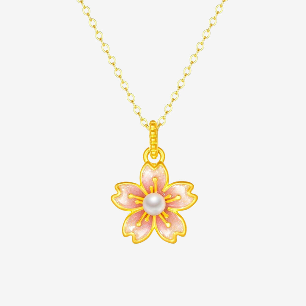 24K Gold Pearl Enamel Peach Blossom Necklace Pendant