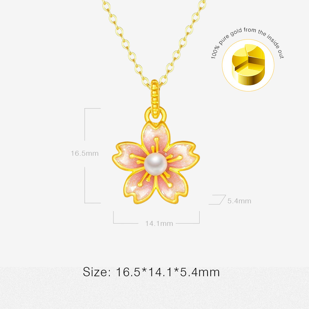 24K Gold Pearl Enamel Peach Blossom Necklace Pendant