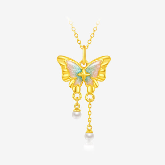 24K Gold Pearl Luminous Enamel Butterfly Dance Necklace Pendant