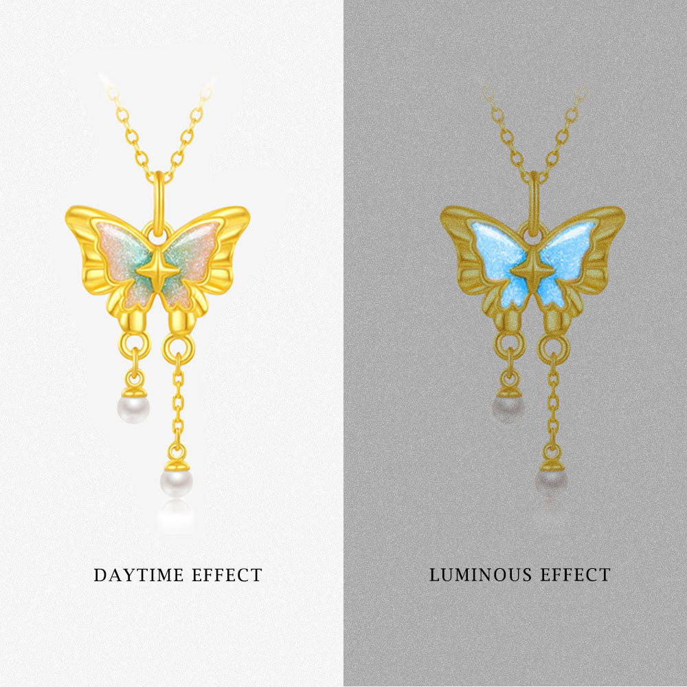 24K Gold Pearl Luminous Enamel Butterfly Dance Necklace Pendant