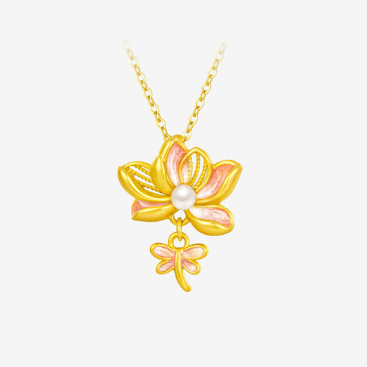 Twelve Gods of Flowers Series 24K Gold Pearl Enamel Lotus Necklace Pendant