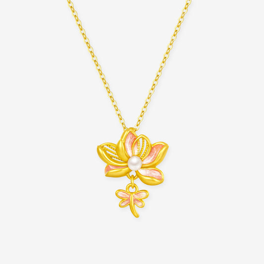 Twelve Gods of Flowers Series 24K Gold Pearl Enamel Lotus Necklace Pendant