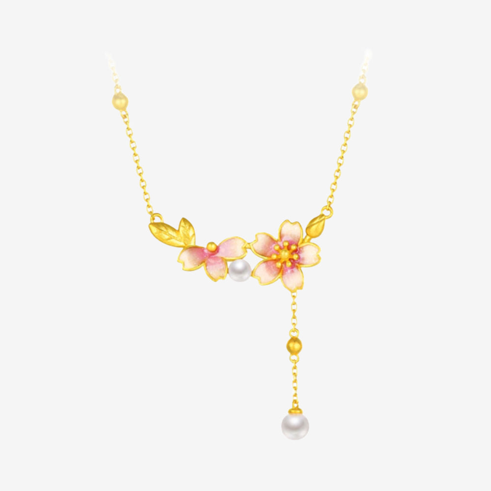 Twelve Gods of Flowers Series 24K Gold Pearl Colorful Cherry Blossoms Flowers Jewelry Set