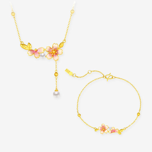 Twelve Gods of Flowers Series 24K Gold Pearl Cherry Blossoms Flowers Jewelry Set - Bracelet Necklace