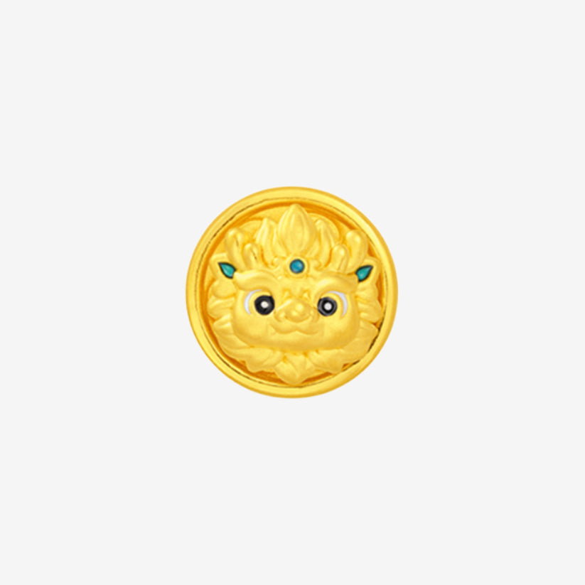 ChowTaiSeng Wonderful Equation Series 24K gold auspicious Kirin charm on white background — round coin-shaped charm featuring a cute Kirin (Qilin) face in relief with teal enamel horn accents and black enamel eyes, set within a gold beaded border