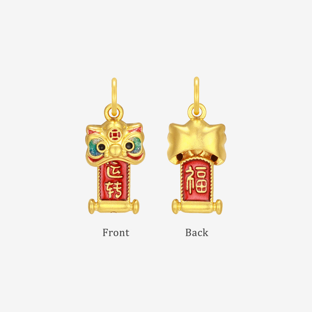 Wonderful Equation Series 24K Gold Enamel Fortune Lion Dance Scroll Dangle Charm