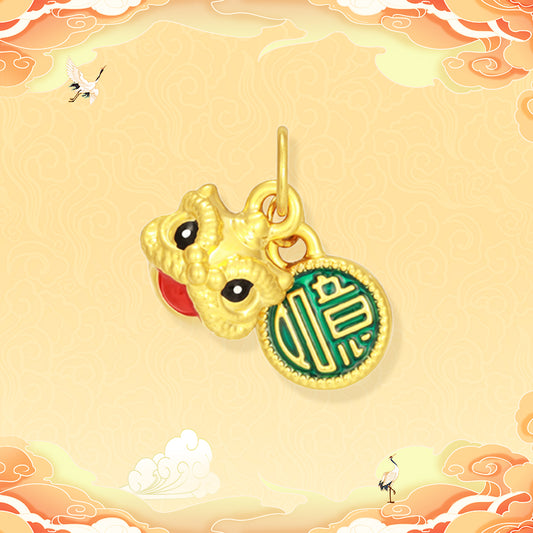 Wonderful Equation Series 24K Gold Enamel Ruyi Lion Dance Pendant