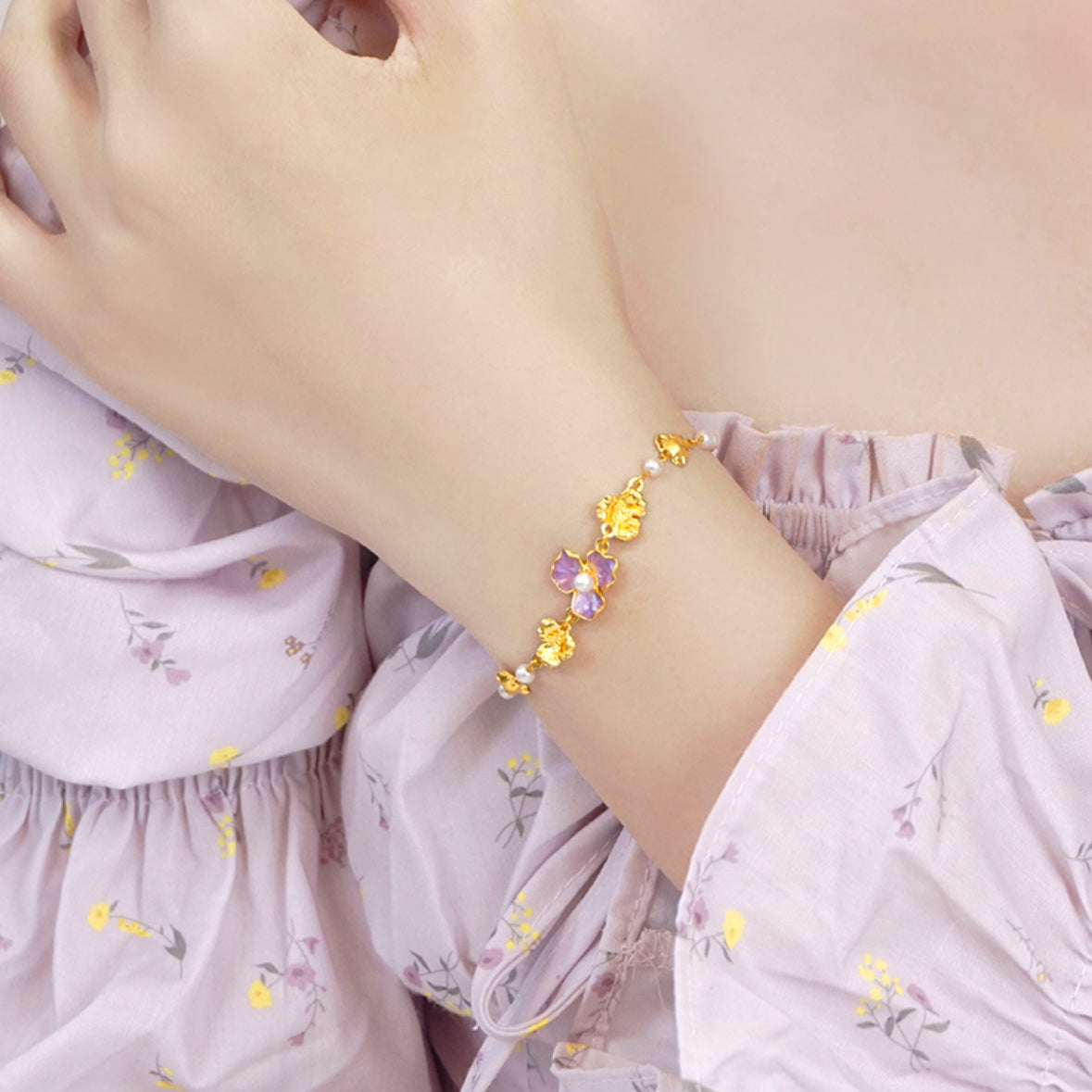 Monet Garden Series 24K Gold Pearl Enamel Iris Bracelet