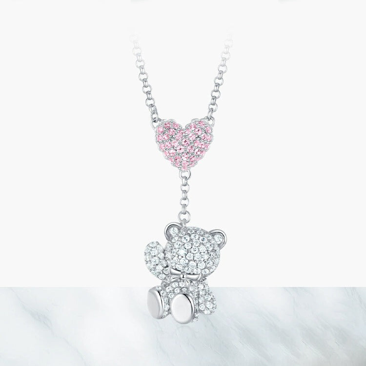 S925 Silver Zircon Cute Bear Necklace