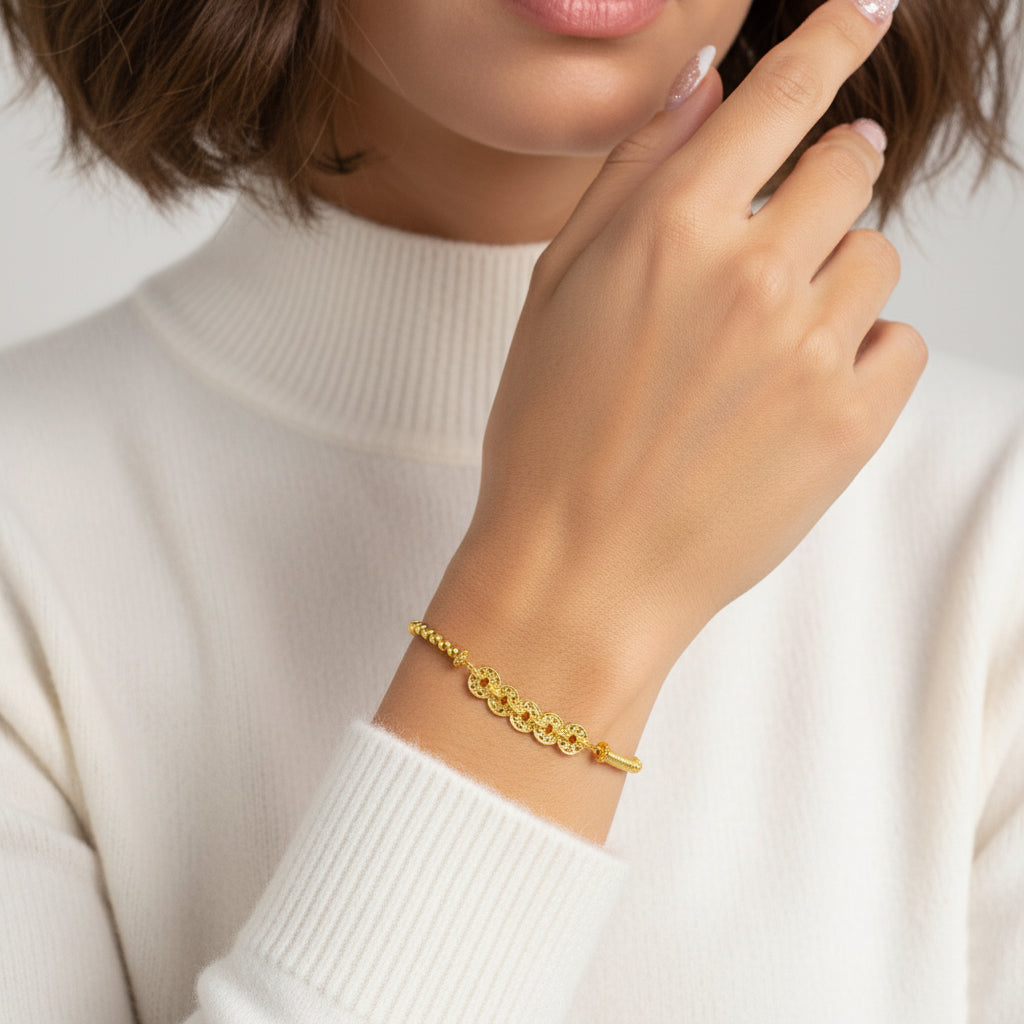 S925 Silver Five Emperors Coins Blessing Jewelry Set - Necklace & Bracelet