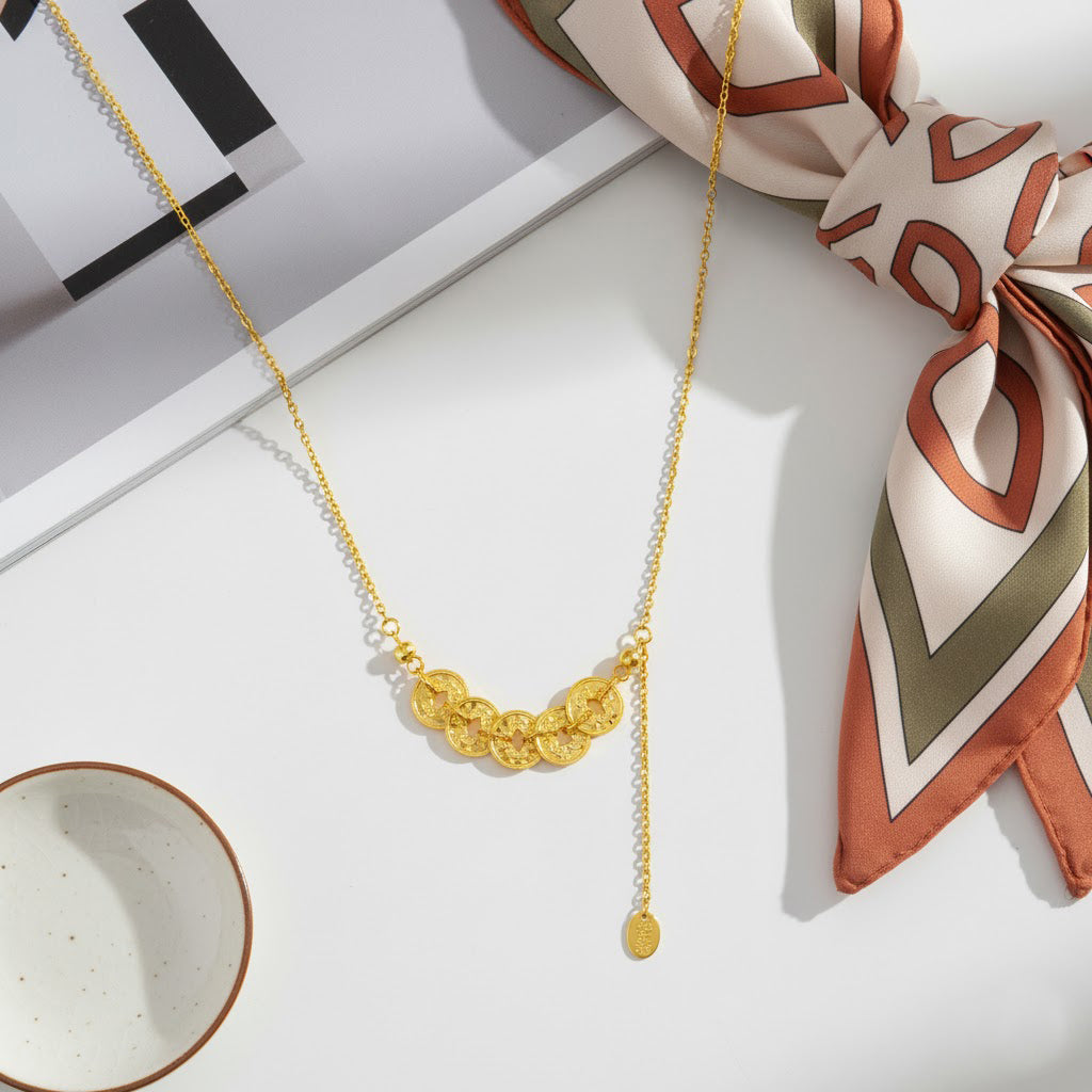 S925 Silver Five Emperors Coins Blessing Jewelry Set - Necklace & Bracelet