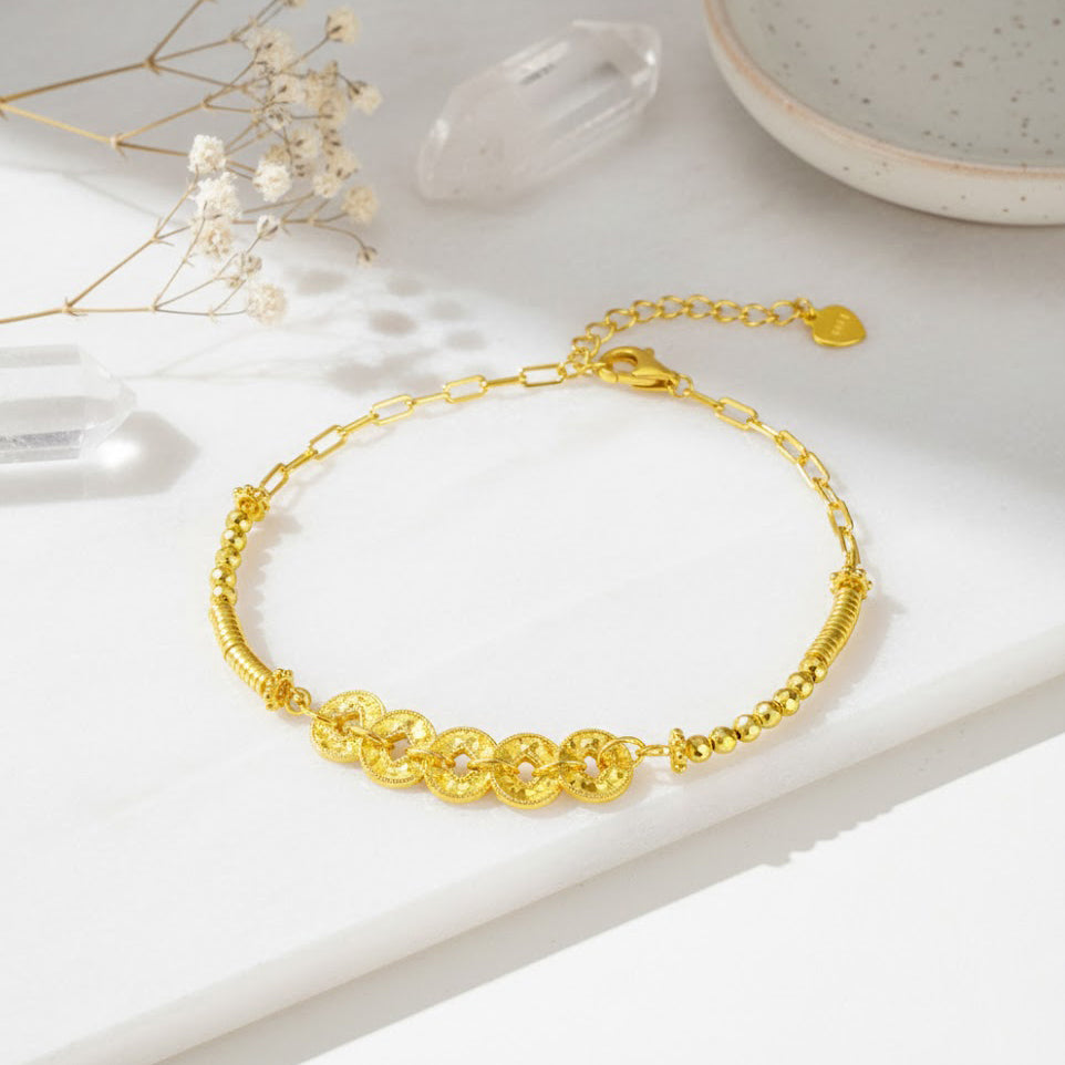 S925 Silver Five Emperors Coins Blessing Jewelry Set - Necklace & Bracelet