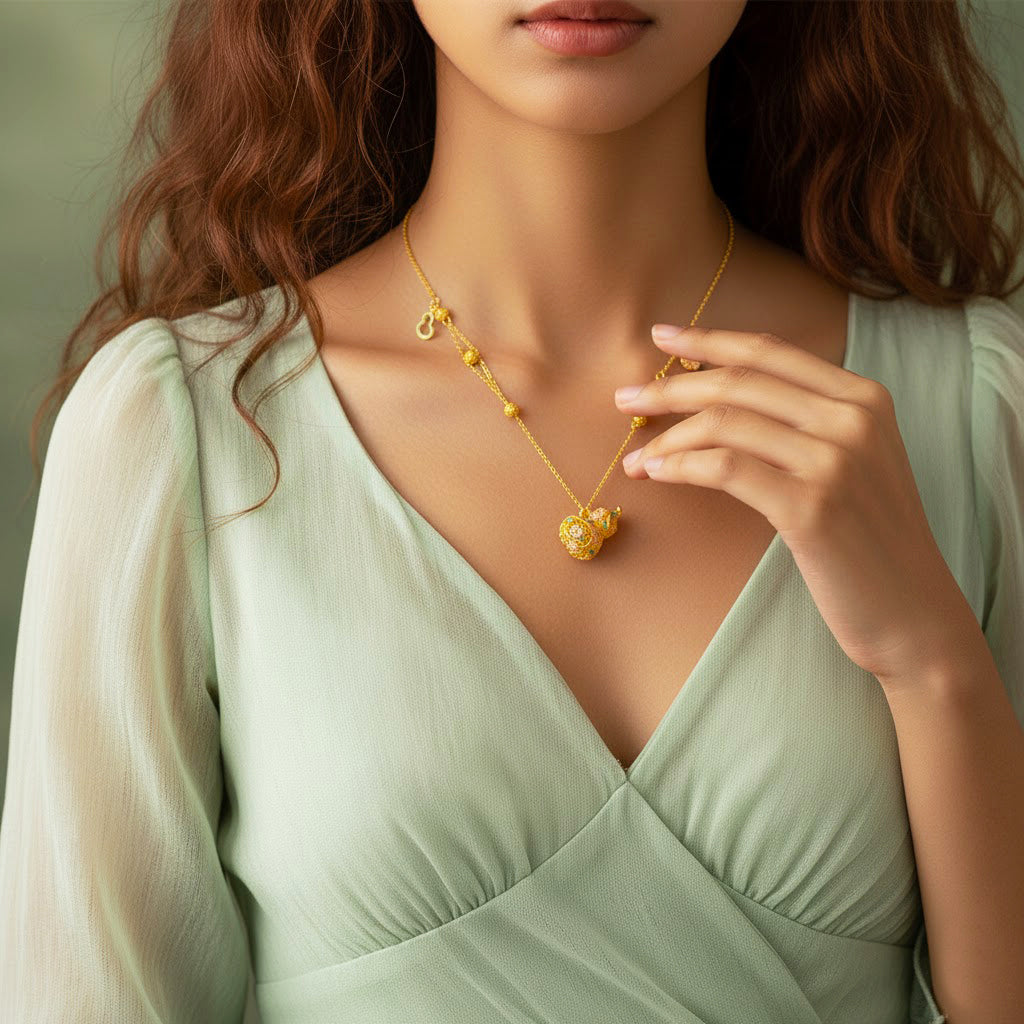 S925 Silver Enamel Hollow Filigree Gourd Necklace