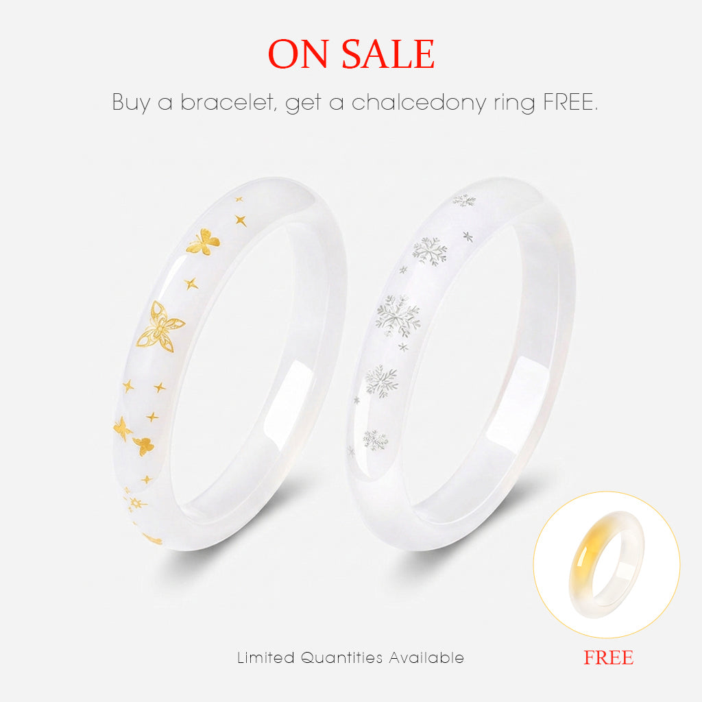 Butterfly Snowflake White Moonlight Chalcedony Jade Bangle