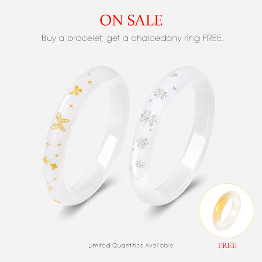 Butterfly Snowflake White Moonlight Chalcedony Jade Bangle