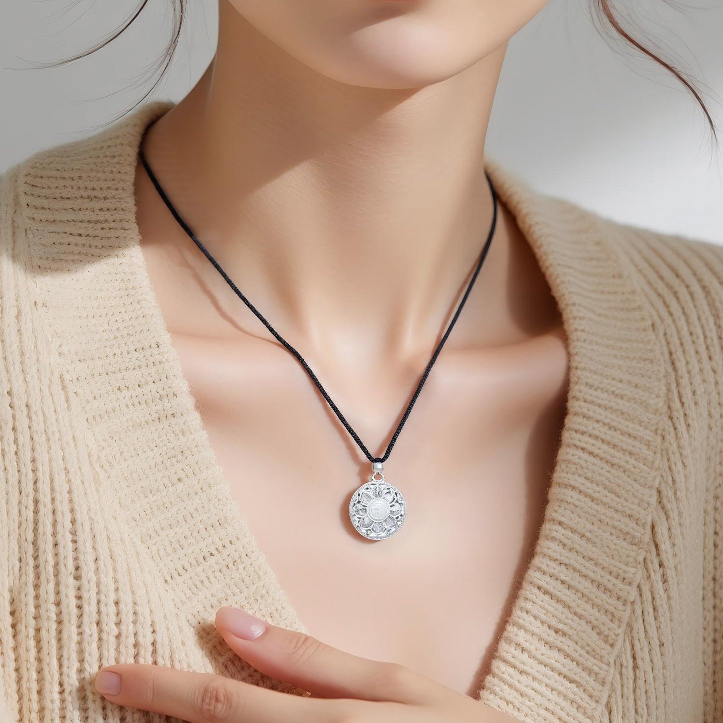 Silver Blessing Eight Treasure Compass Necklace